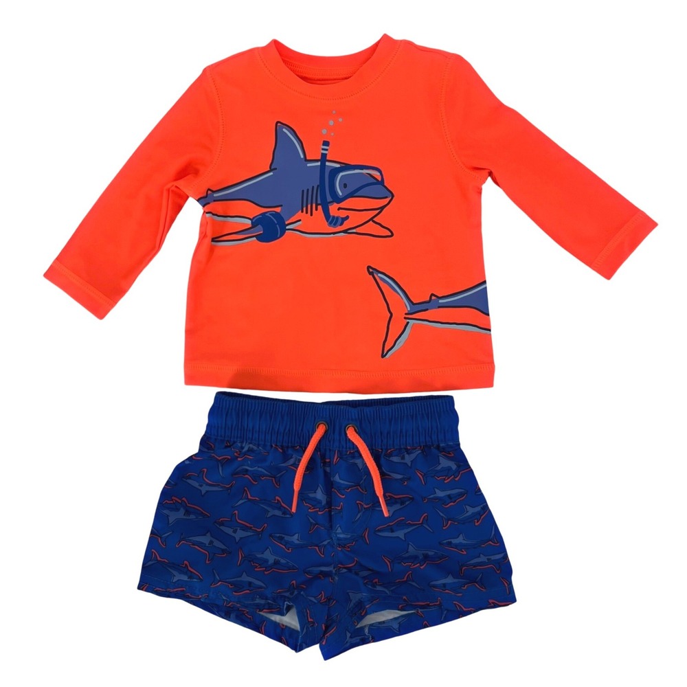 NWT Carters Swimsuit Set Baby Boy 3M Orange Blue Shark Rash Guard Trunks UPF 50+